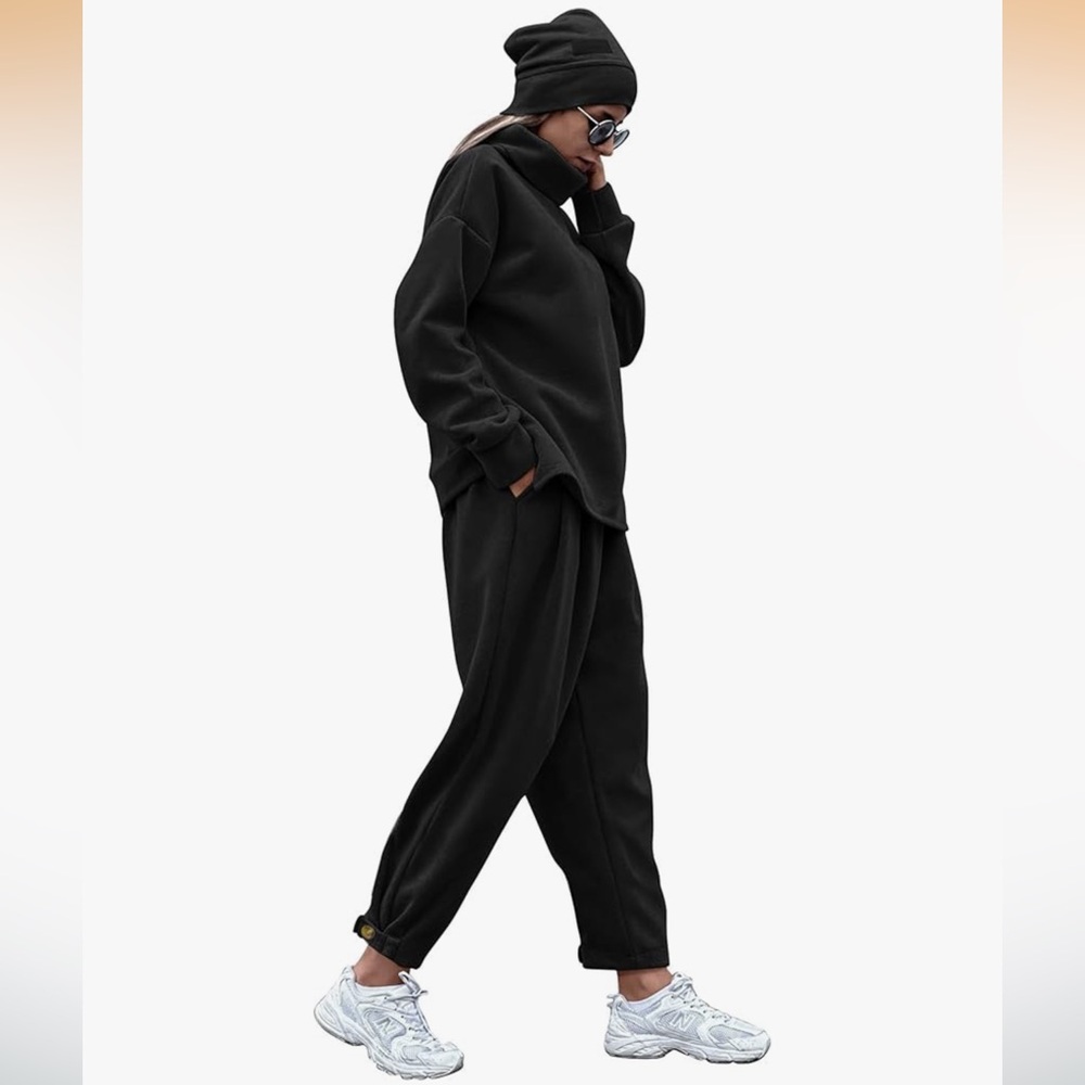 Two Piece Tracksuit Baggy Oversized Turtleneck Long Sleeve Black Size Large
